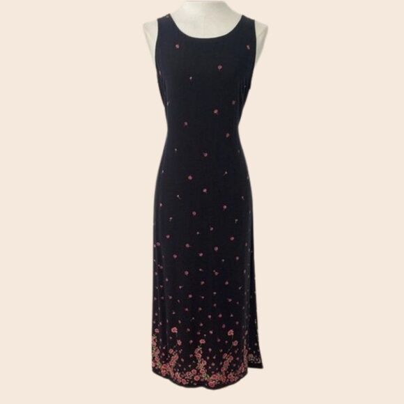 Vintage Navy Blue Floral 90's Tie Back Midi Dress Size Small/ Medium - Picture 1 of 14